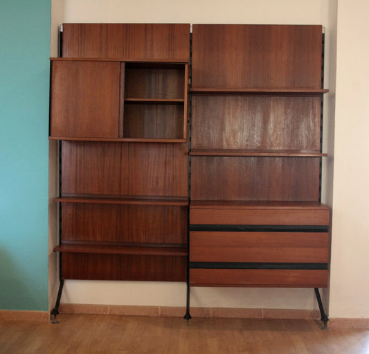 Librería modular con dos módulos de madera, unidad de pared modular Urio diseñada por Ico y Luisa Parisi para Mim 1957, Italia, años 60.