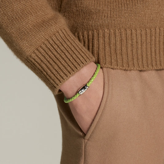 Montblanc bracciale in acciaio a 3 anelli e pelle Meisterstück Lime misura L 13429268