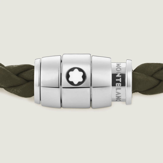 Montblanc bracciale in acciaio a 3 anelli e pelle Meisterstück Kaki misura S 13600360
