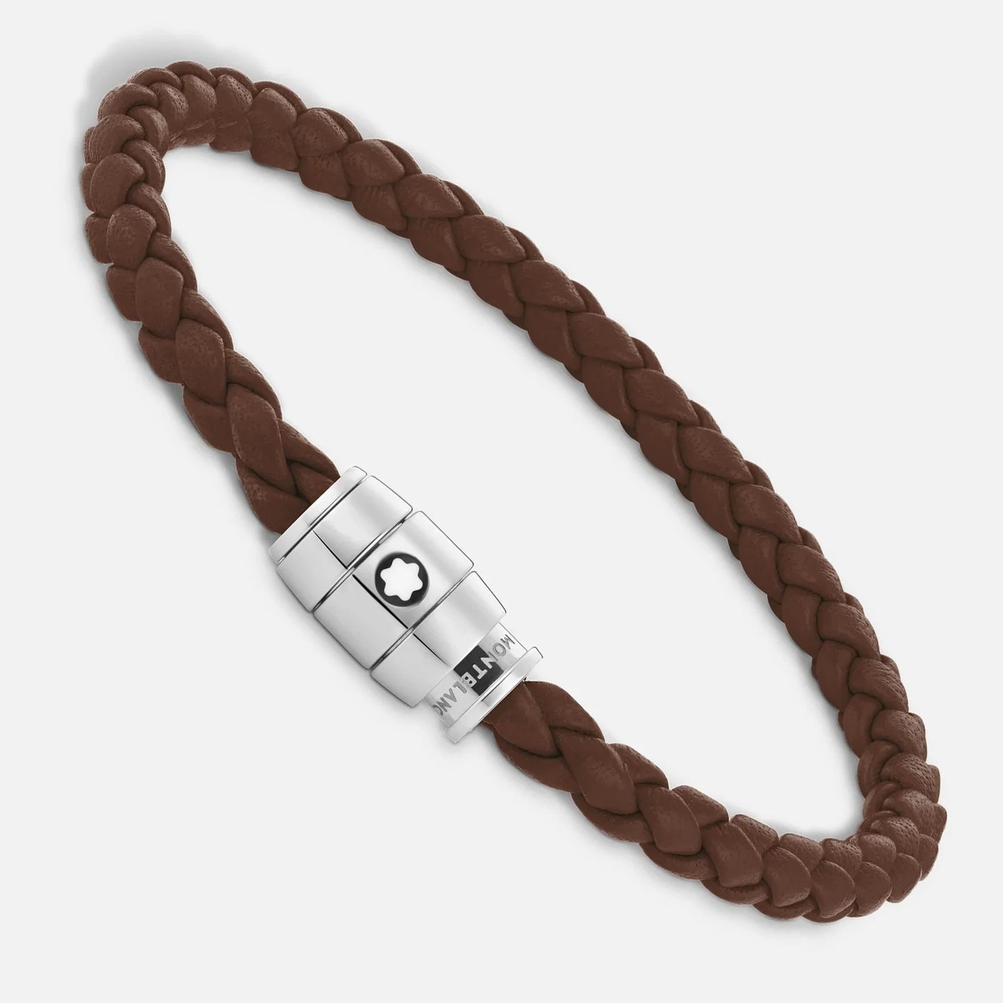 Bracciale montblanc marrone fulvo in pelle intrecciata con chiusura magnetica in acciaio pregiato lucido impreziosito