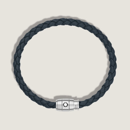 Bracciale montblanc in pelle blu avio con tre anelli e chiusura magnetica in acciaio pregiato lucido