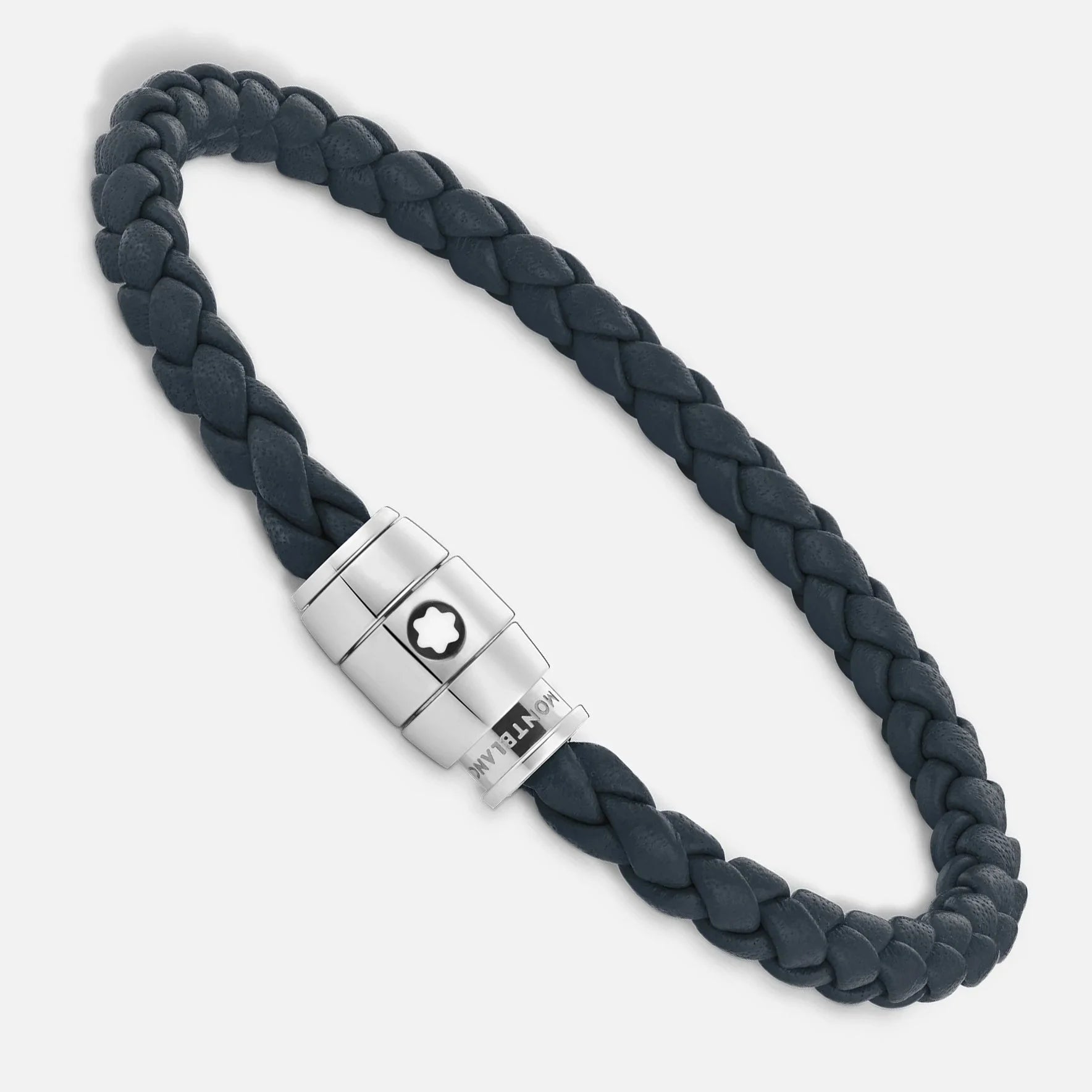 Bracciale montblanc in pelle blu avio intrecciata con chiusura magnetica in acciaio pregiato lucido impreziosito