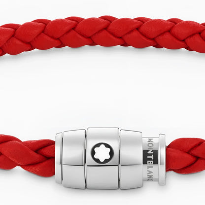 Montblanc bracciale pelle intrecciata rossa con chiusura magnetica in acciaio pregiato finitura lucida e logo montblanc