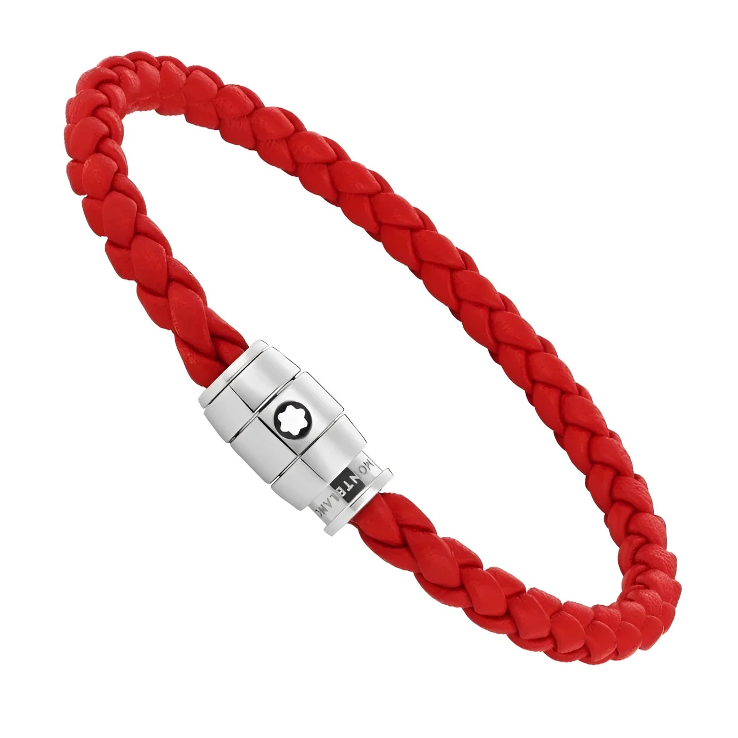Montblanc bracciale pelle intrecciata rossa con chiusura magnetica in acciaio pregiato finitura lucida e logo montblanc
