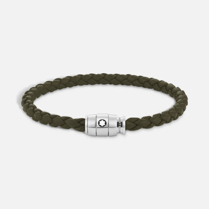 Bracciale Montblanc kaki misura L in pelle intrecciata con chiusura magnetica in acciaio pregiato lucido impreziosito