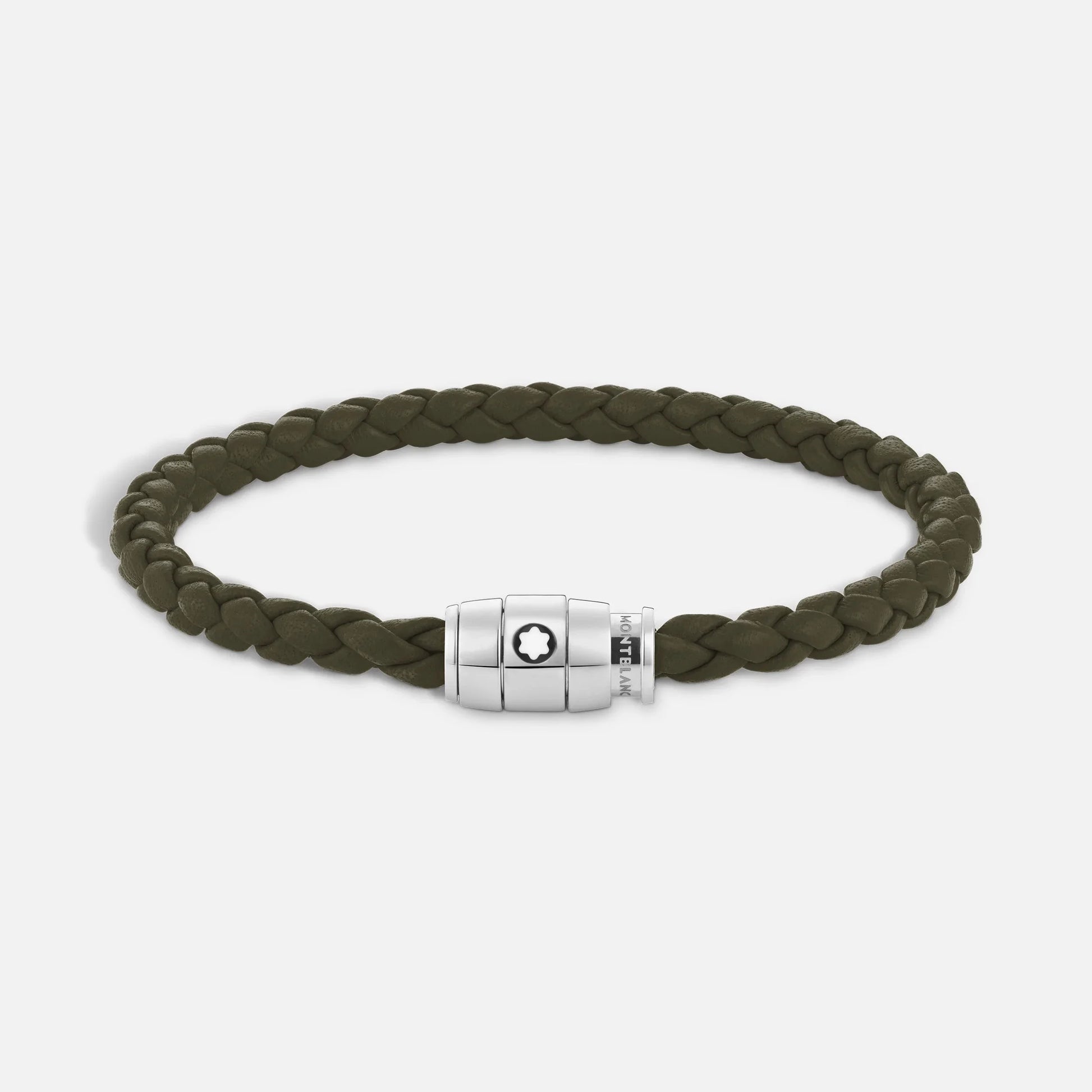 Montblanc bracciale in pelle kaki intrecciata con chiusura magnetica in acciaio pregiato lucido impreziosito dall’emblema
