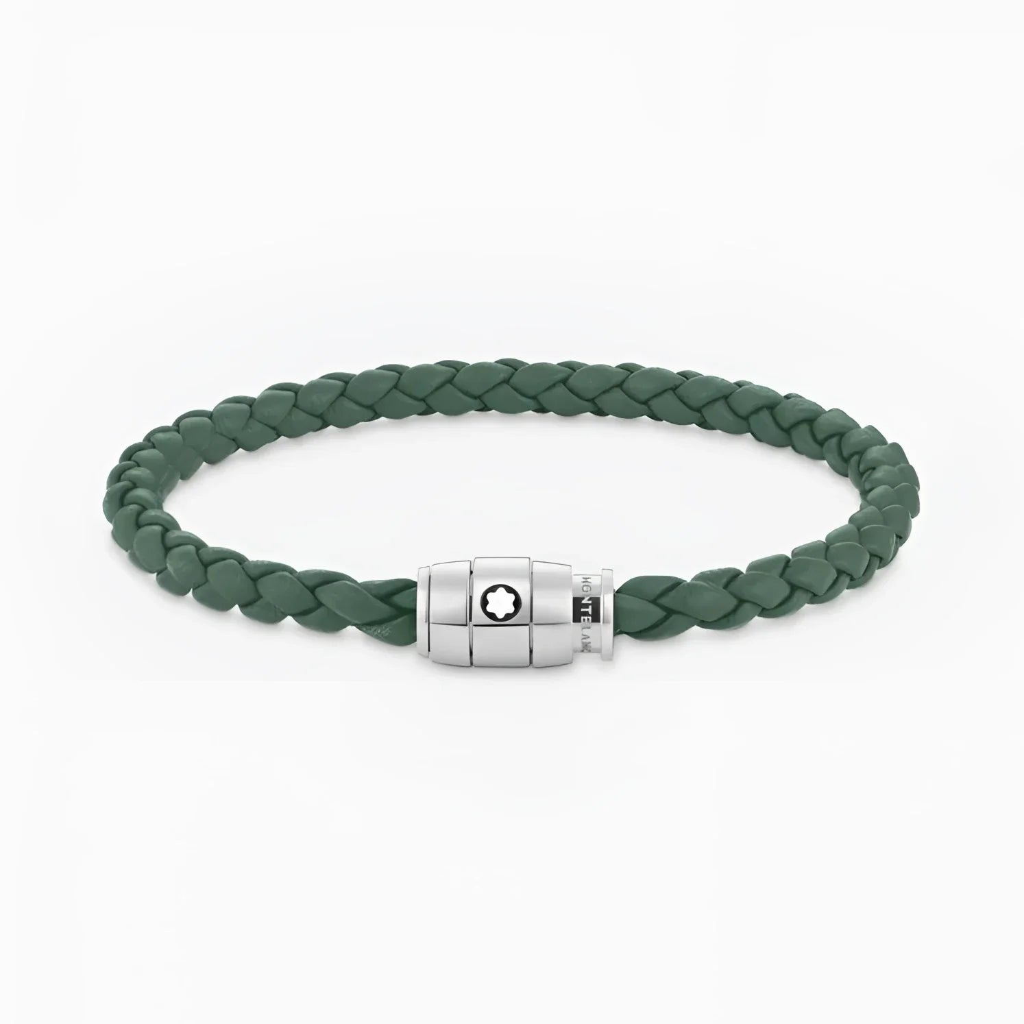 Bracciale montblanc unisce l’eleganza con pelle peltro intrecciata verde scuro e chiusura magnetica in acciaio silver