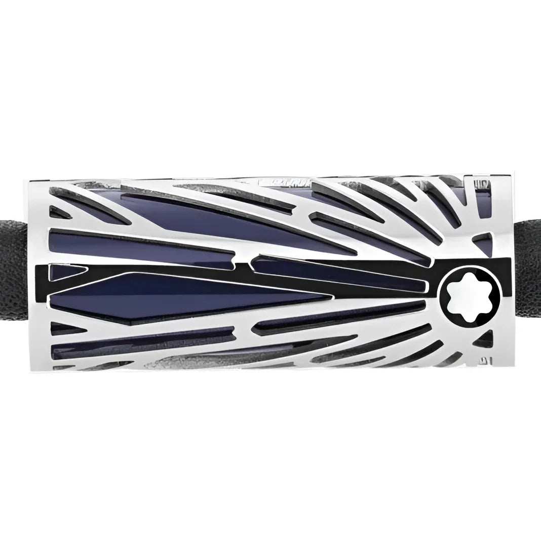 Bracciale montblanc meisterstück the origin collezione blu con fibbia in smalto blu navy e argento design sole geometrico