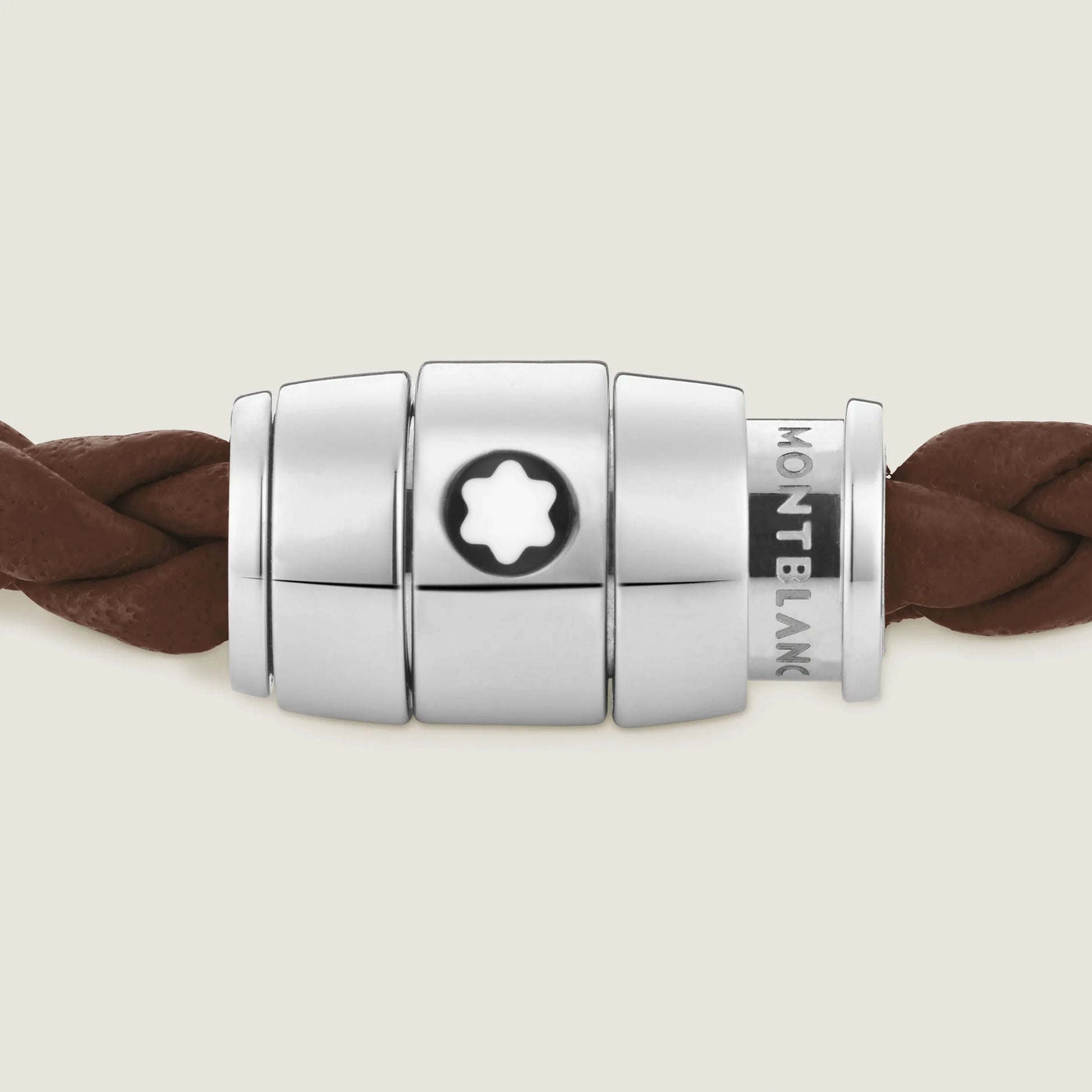 Bracciale montblanc in acciaio pregiato lucido con chiusura magnetica e corda in pelle marrone fulvo intrecciata