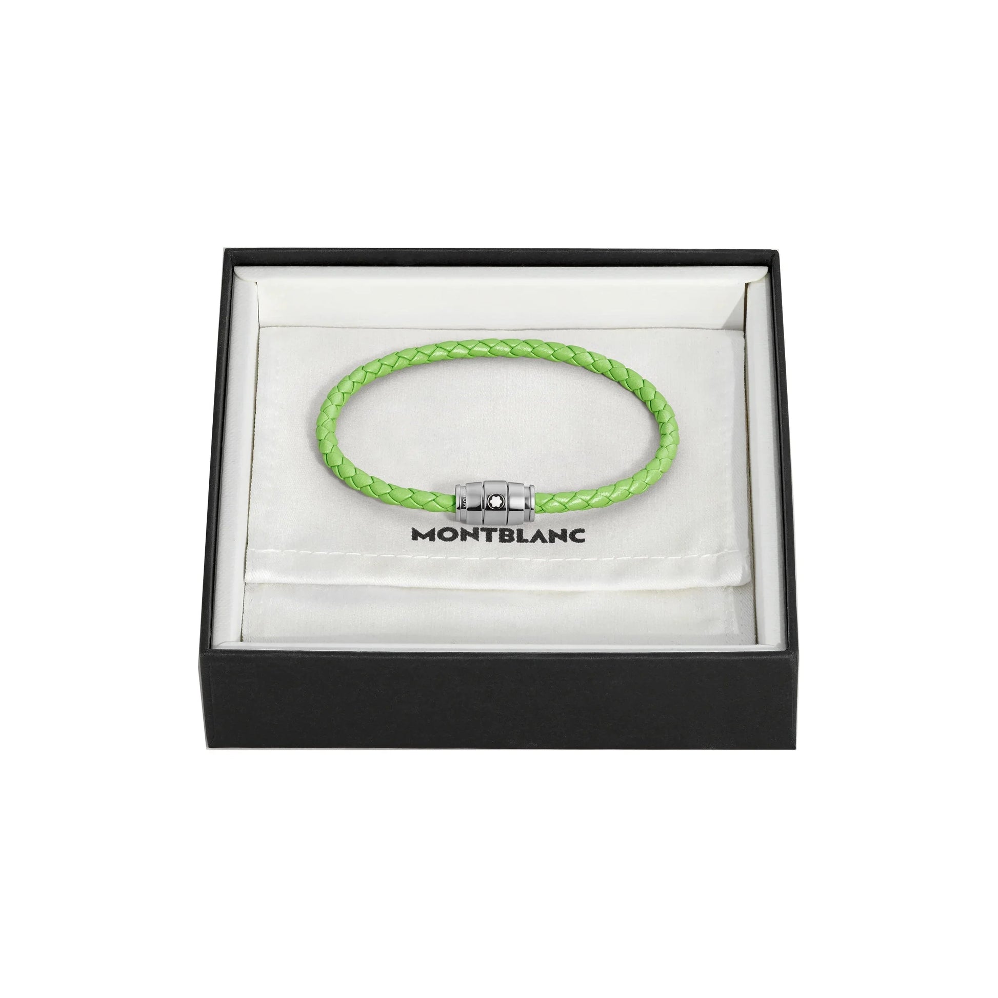 Montblanc bracciale in pelle meisterstück lime intrecciata con chiusura in acciaio in confezione regalo elegante