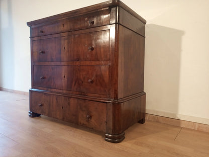 Cassettiera in legno italiana con quattro cassetti e piedi arrotondati in legno scuro xix secolo