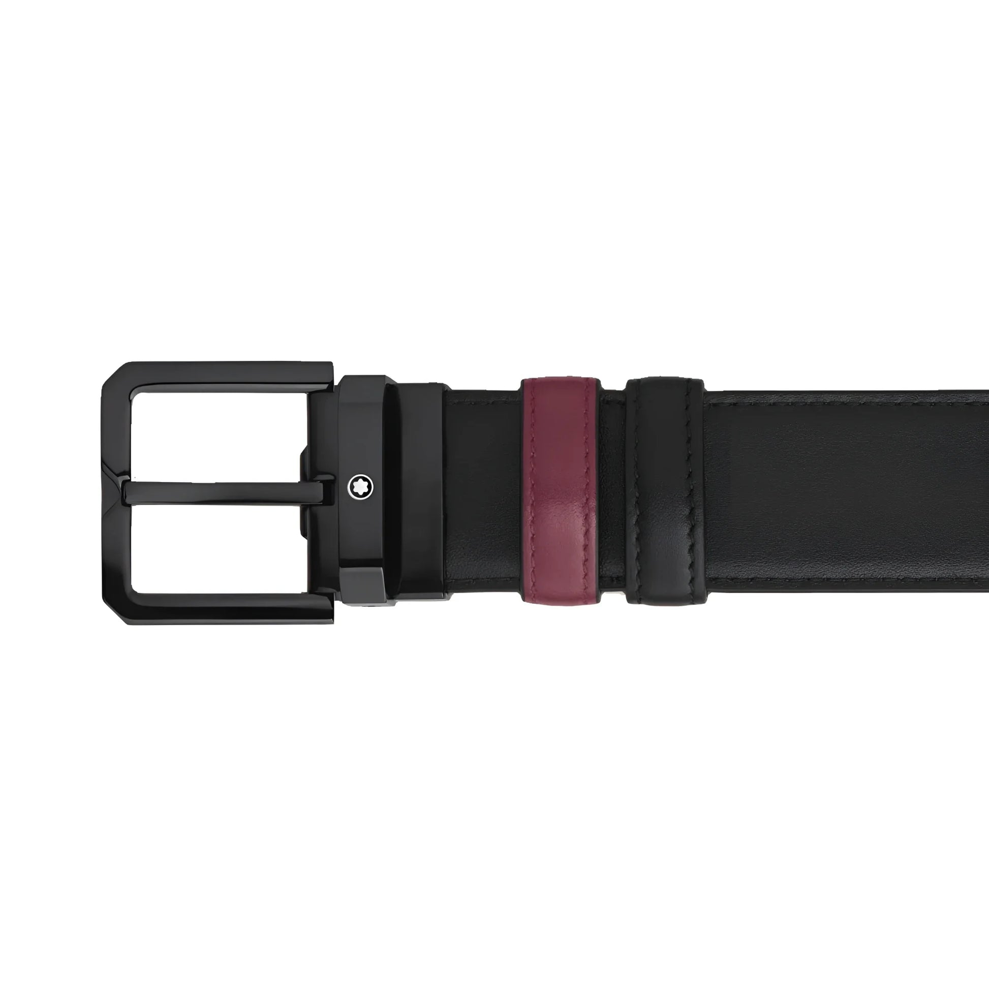 Montblanc cintura reversibile in pelle nera cassis con fibbia opaca nera e striscia bordeaux per uso elegante