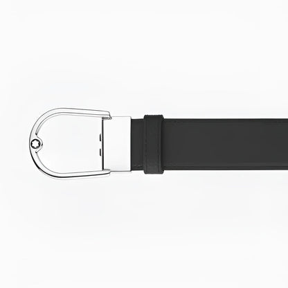 Cintura montblanc 35mm in pregiata pelle granulata ebano con fibbia in metallo argento e logo montblanc