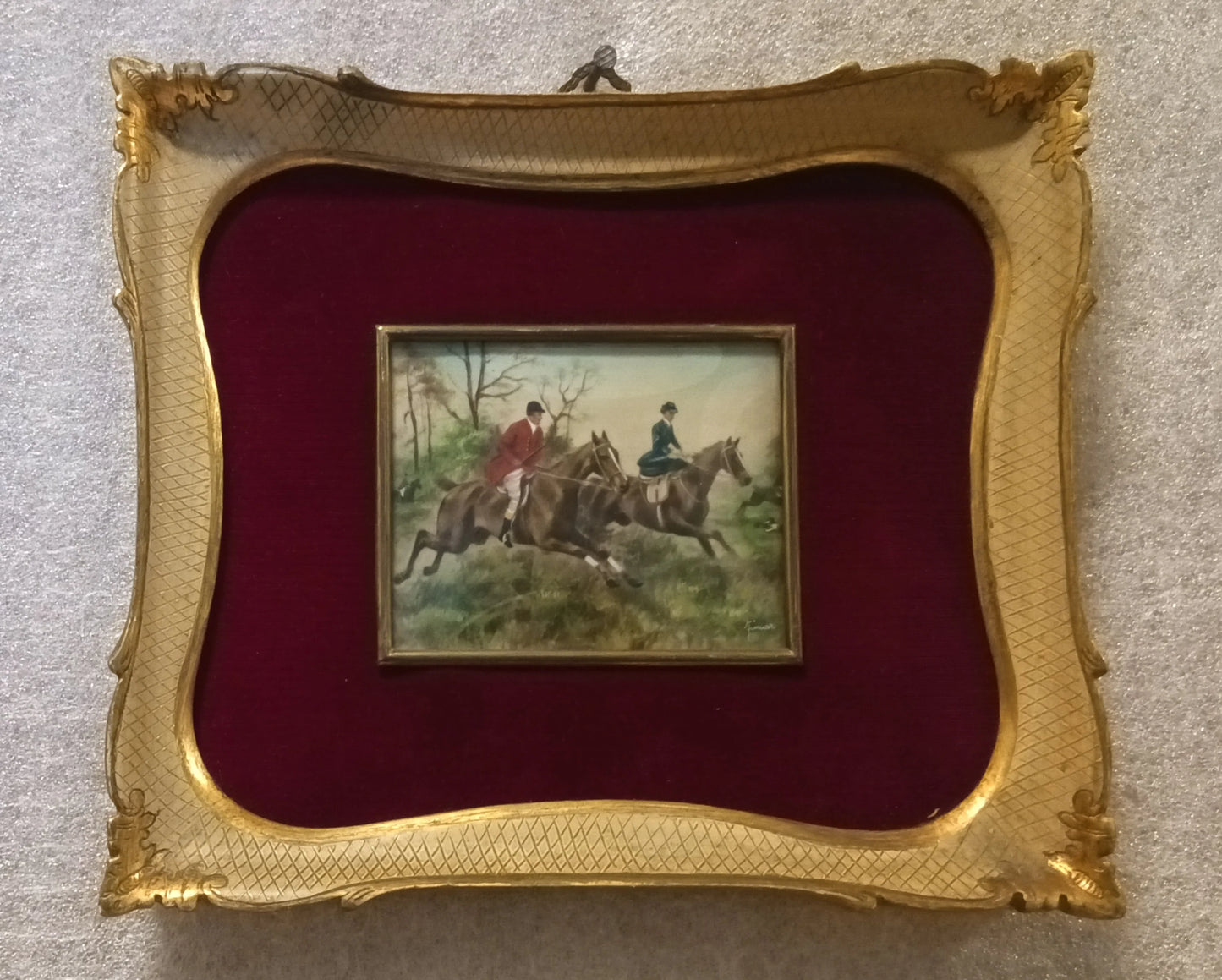 Miniatura olio su tela inglese del xix secolo con cornice originale raffigurante straordinaria miniatura firmata della tradizione venatoria britannica