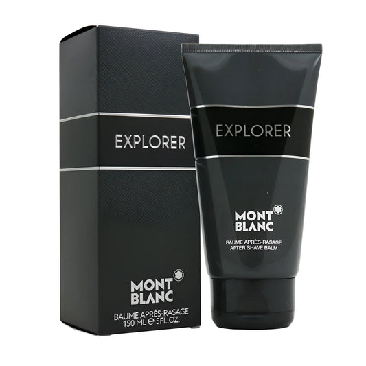 Montblanc explorer balsamo post-rasatura 150ml in tubo nero con accenti argento e confezione abbinata profumo legnoso-aromatico enfatizza