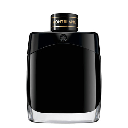 Bottiglia nera lucida montblanc legend eau de parfum 100ml con marchio dorato su tappo per raffinatezza all’uomo attivo
