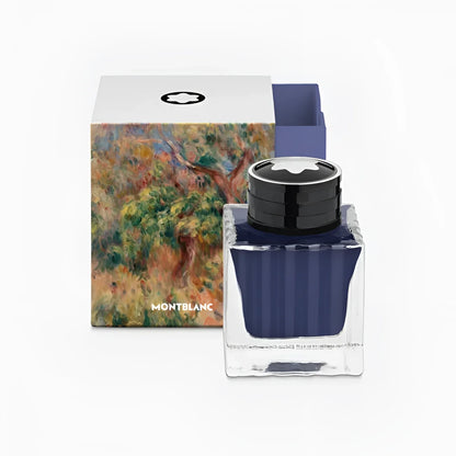 Boccetta d’inchiostro montblanc con corpo in vetro trasparente quadrato, tappi nero stellato e inchiostro blu outremer 50ml