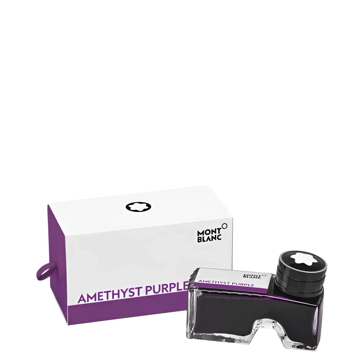 Boccetta d’inchiostro montblanc 60ml colore amethyst purple con bottiglia in vetro trasparente e tappo nero