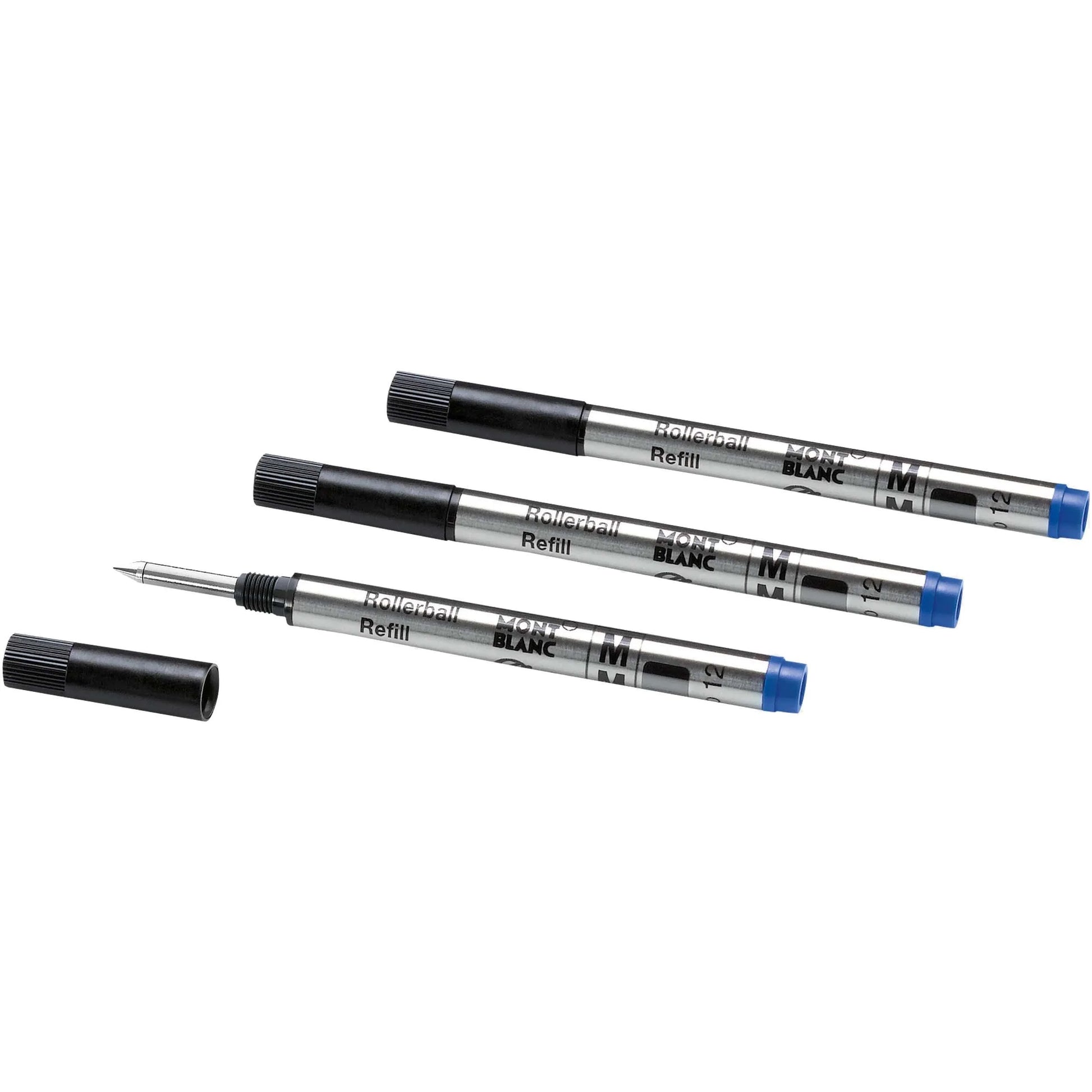 Montblanc 3 refill piccoli per penne roller meisterstück con barretta argento, cappucci neri e punta m royal blue