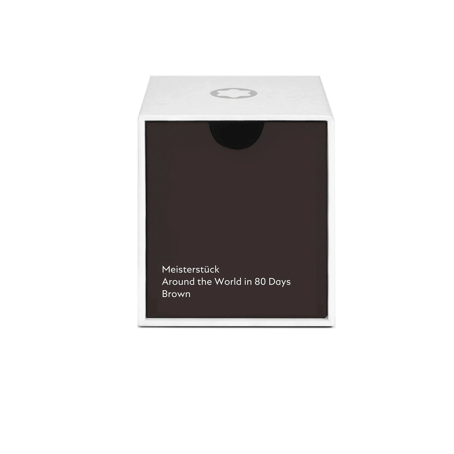 Scatola bianca rettangolare con pannello anteriore marrone scuro e testo meisterstück around the world in 80 days marrone montblanc