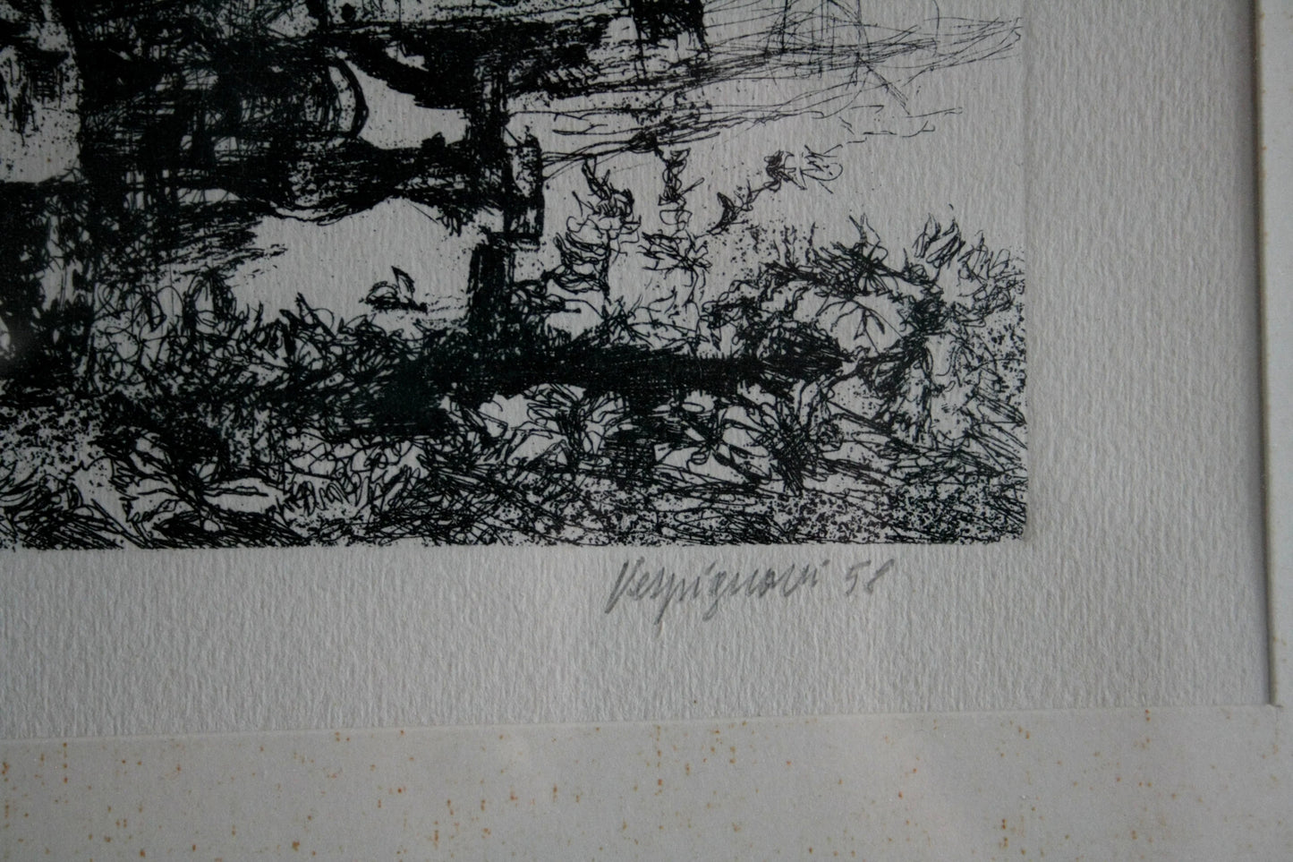 Opera astratta in bianco e nero di renzo vespignani intitolata camion in periferia anno 1956 acquaforte firmata
