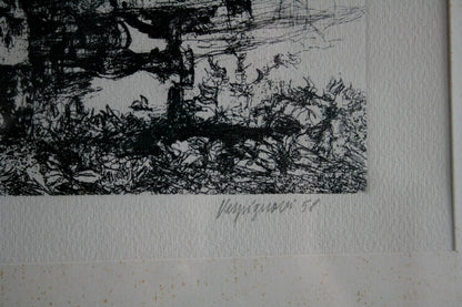 Opera astratta in bianco e nero di renzo vespignani intitolata camion in periferia anno 1956 acquaforte firmata