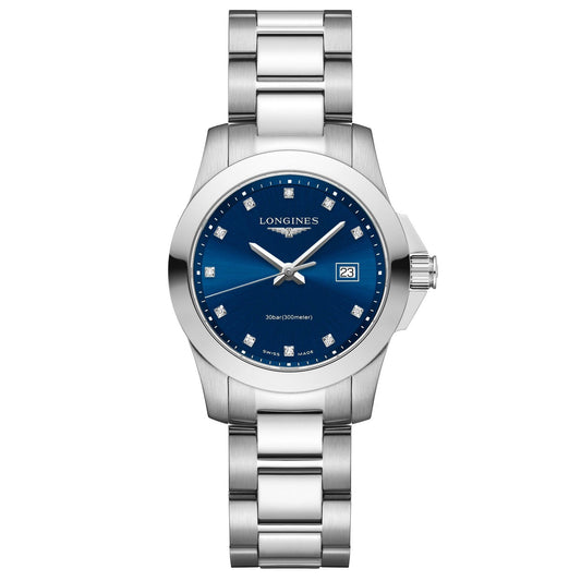 Longines orologio Conquest 29,5mm blu diamanti acciaio quarzo L3.376.4.97.6