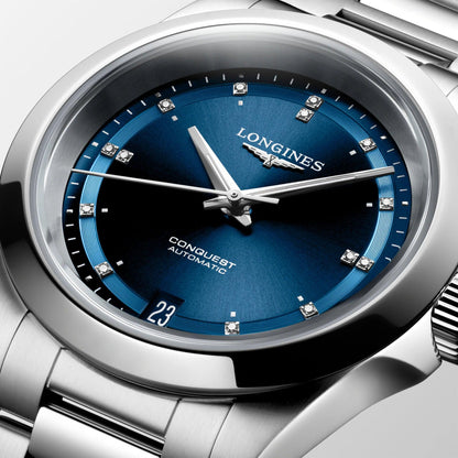 Longines orologio New Conquest 34mm blu automatico acciaio L3.430.4.97.6