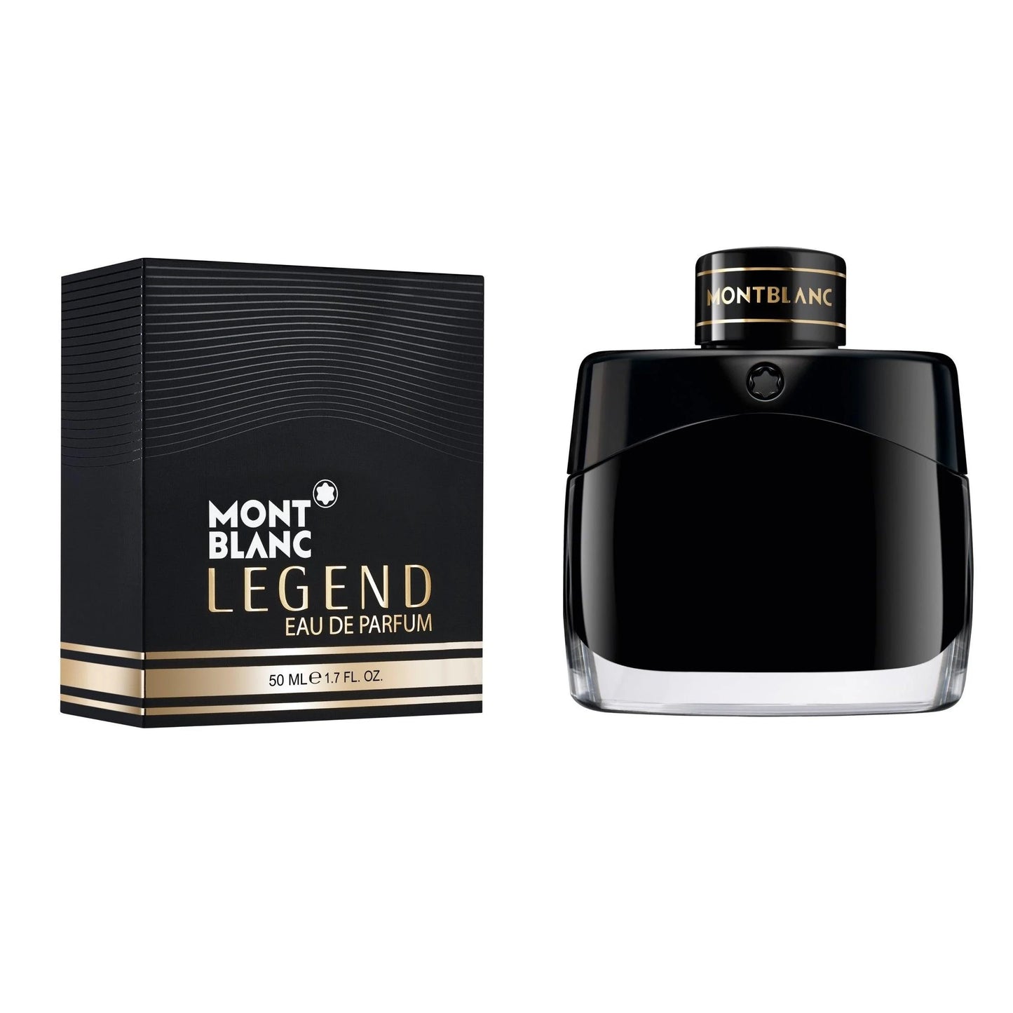 Bottiglia di montblanc legend eau de parfum 50ml in vetro nero elegante con dettagli dorati e confezione abbinata