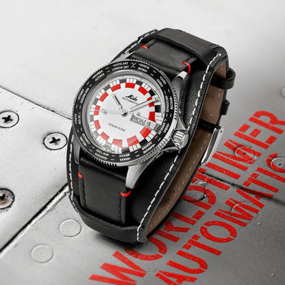 Mido orologio ocean star worldtimer 40mm automatico con quadrante bianco e cinturino in pelle nera con cuciture bianche