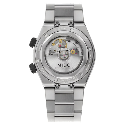 Mido orologio multifort two crowns nero acciaio con cronografo e fondello trasparente che mostra il movimento meccanico
