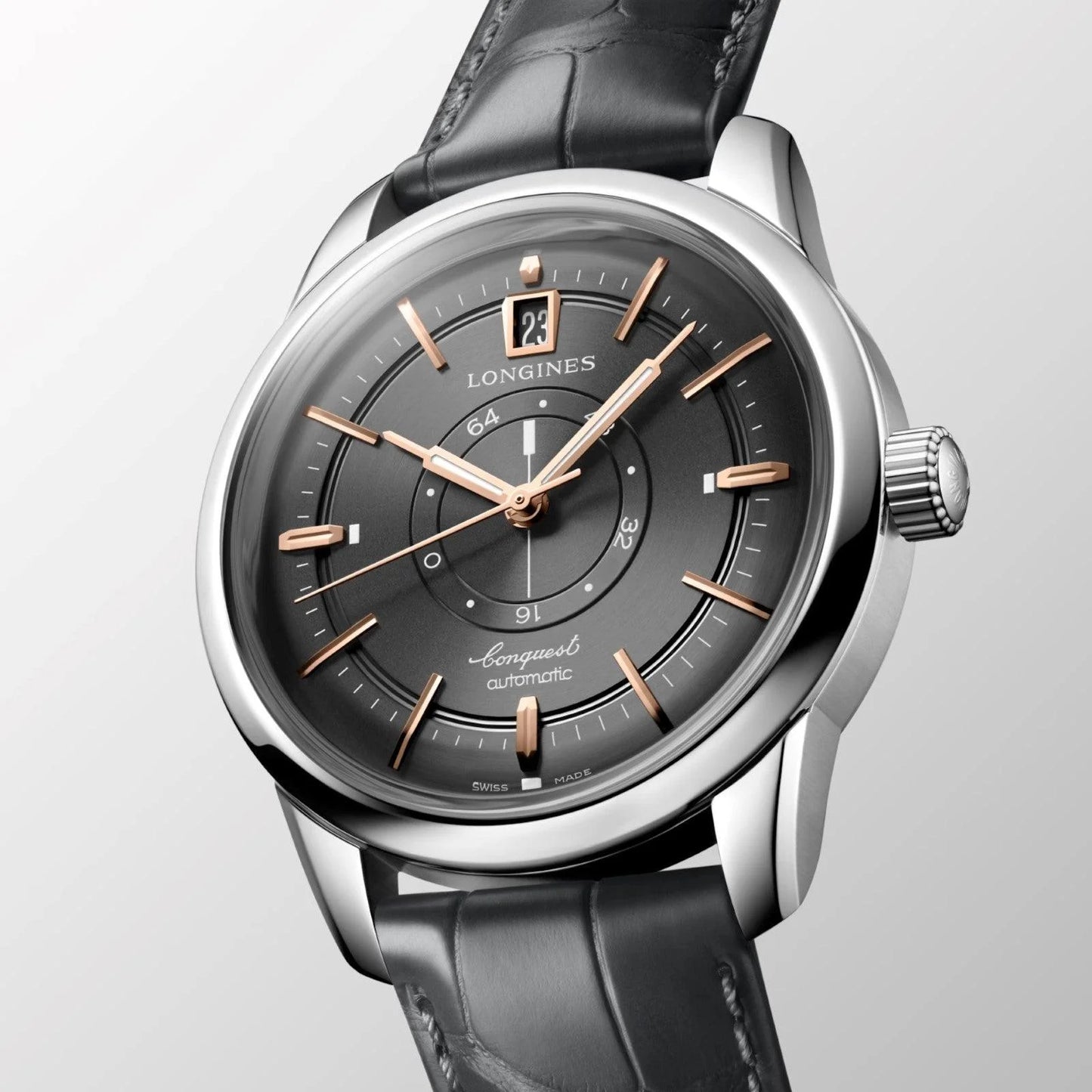 A sleek Longines Conquest Heritage Central Power Reserve 38mm watch with anthracite dial and rose gold markers