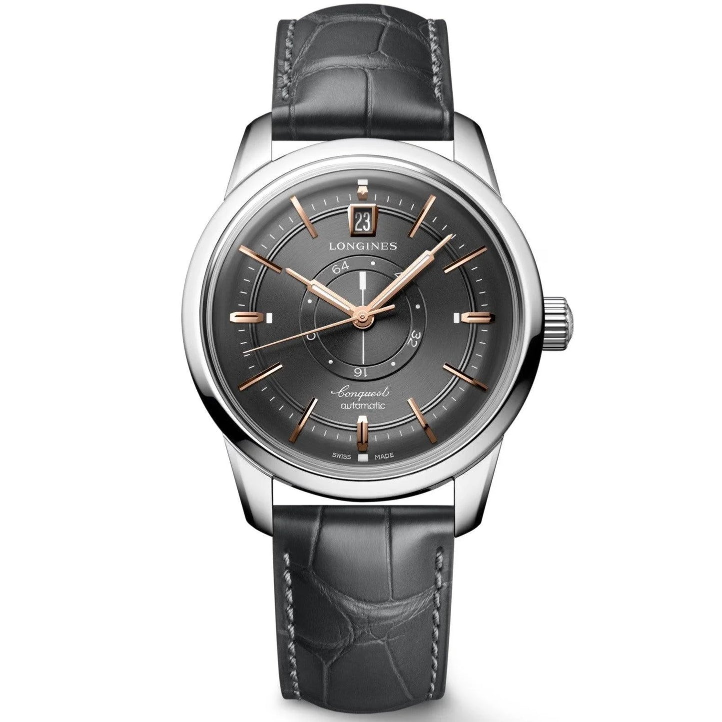 Orologio longines conquest heritage central power reserve 38mm automatico acciaio con quadrante grigio e cinturino pelle nera