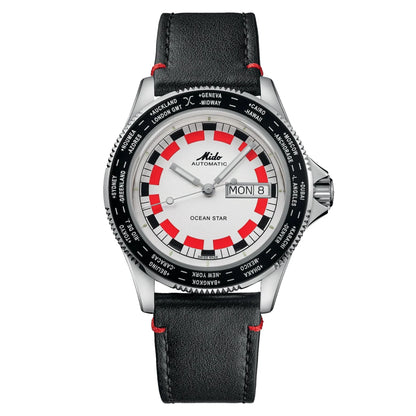 Mido orologio ocean star worldtimer 40mm automatico argento con quadrante bianco e cinturino pelle nera rosso