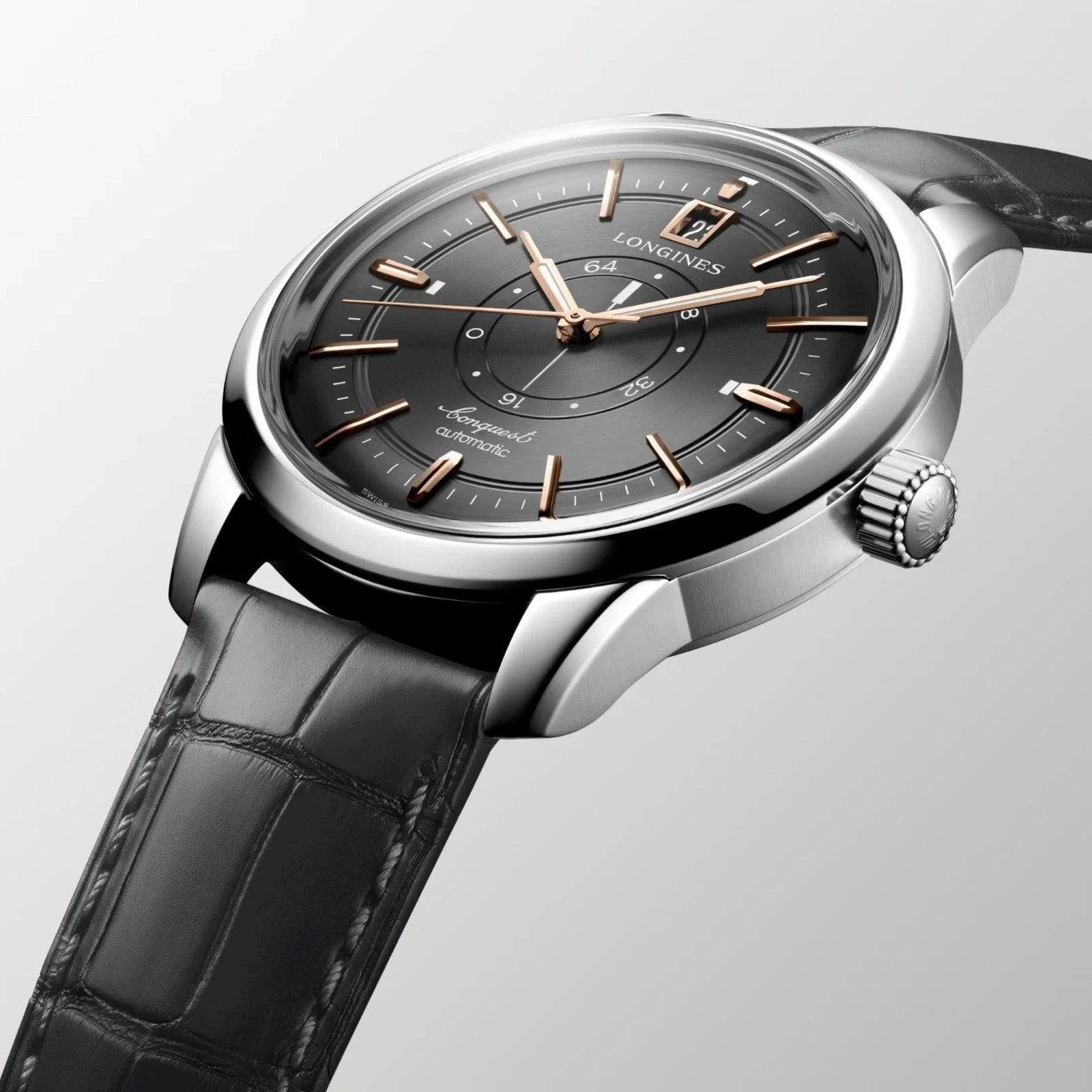 Longines orologio conquest heritage central power reserve 38mm acciaio con quadrante antracite e cinturino in pelle nera
