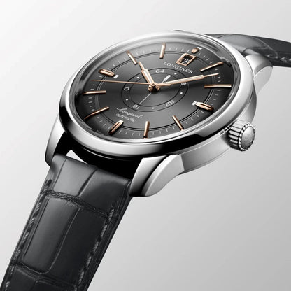 Longines orologio conquest heritage central power reserve 38mm acciaio con quadrante antracite e cinturino in pelle nera