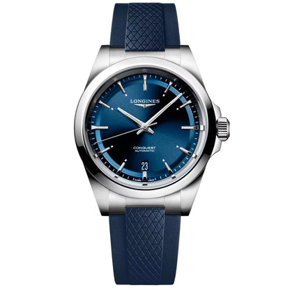 Orologio conquest longines automatico 38mm acciaio con quadrante blu e cinturino in gomma navy protetto dall ufficio federale svizzero
