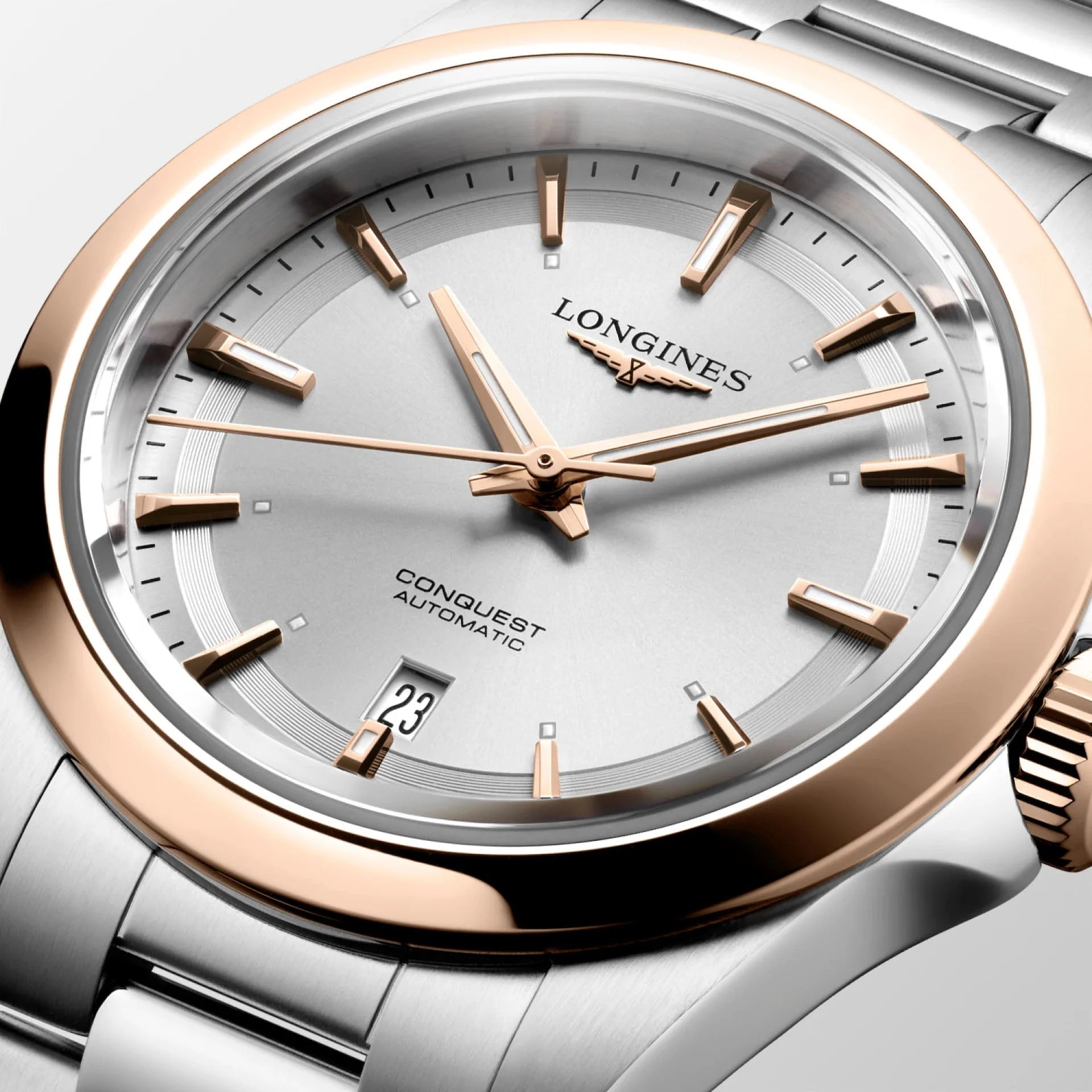 Orologio conquest longines automatico con quadrante argento e dettagli in oro rosa protetto dall’ufficio federale