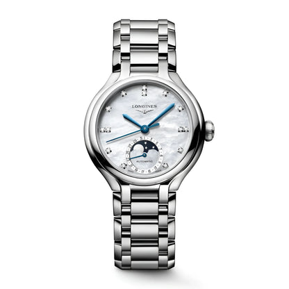 Longines primaluna orologio 34mm acciaio con quadrante madreperla lancette blu e indici diamanti collezione primaluna