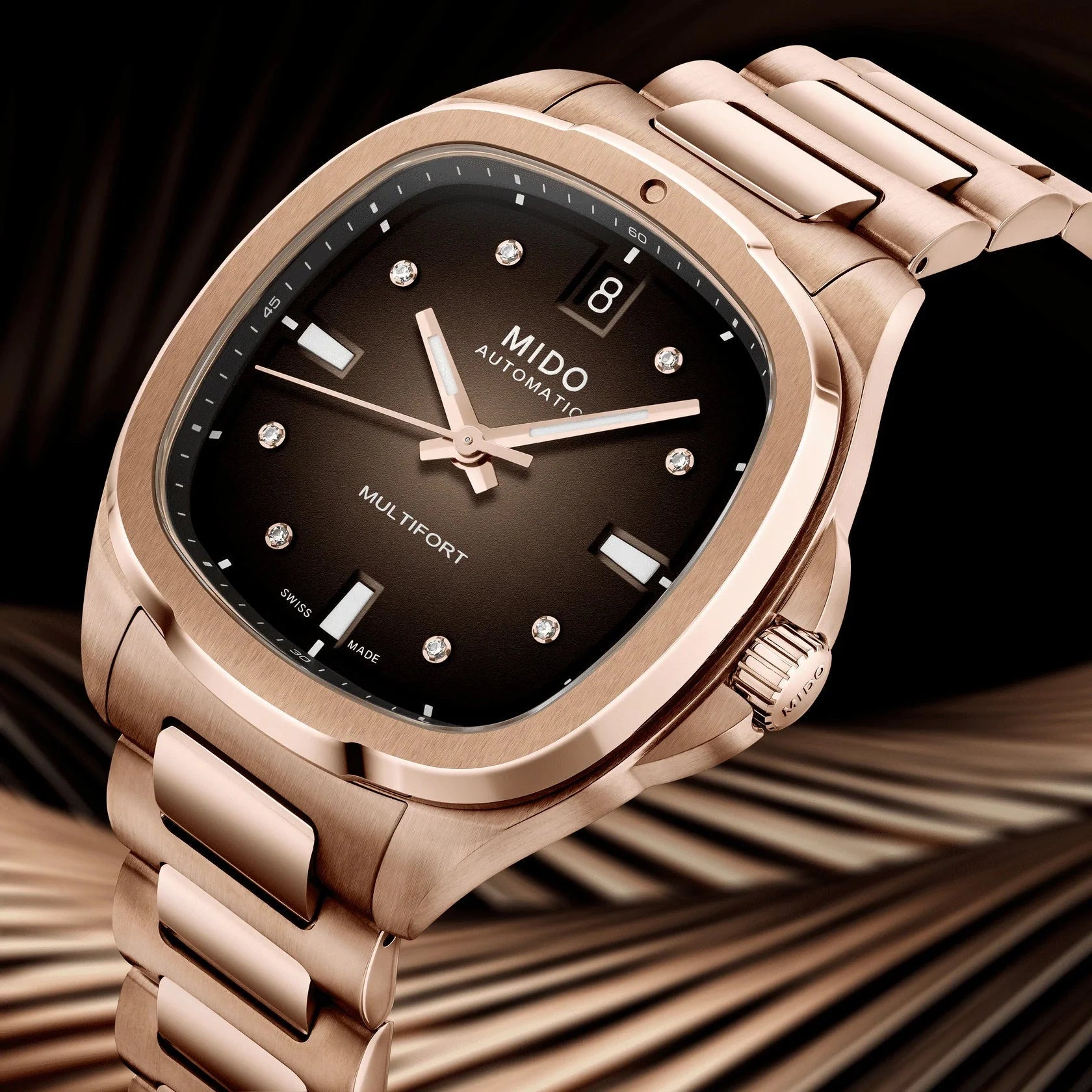 Orologio mido multifort automatico 35mm con finitura pvd oro rosa, quadrante marrone e diamanti ternati acciaio finitura pvd