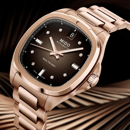 Orologio mido multifort automatico 35mm con finitura pvd oro rosa, quadrante marrone e diamanti ternati acciaio finitura pvd