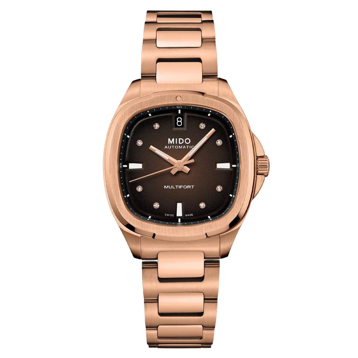 Orologio mido multifort automatico 35mm con finitura pvd oro rosa acciaio finitura, quadrante nero con diamanti