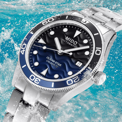 Orologio mido orologio ocean star 39mm blu automatico acciaio con quadrante blu motivo onda e lunetta nera