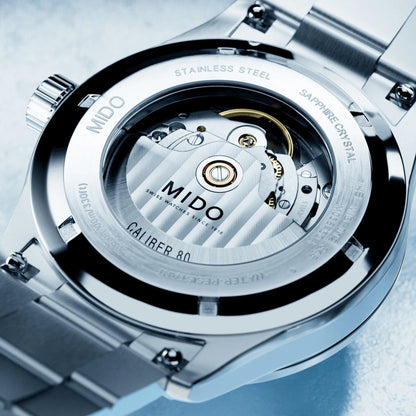 Mido multifort m freeze 42mm turchese automatico acciaio con finitura satinata verticale e mouvemento côtes de genève esposto
