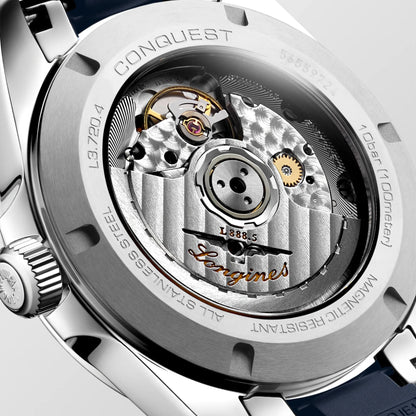 Orologio conquest longines 38mm blu automatico con cassa acciaio e movimento meccanico visibile protetto dall ufficio federale svizzero