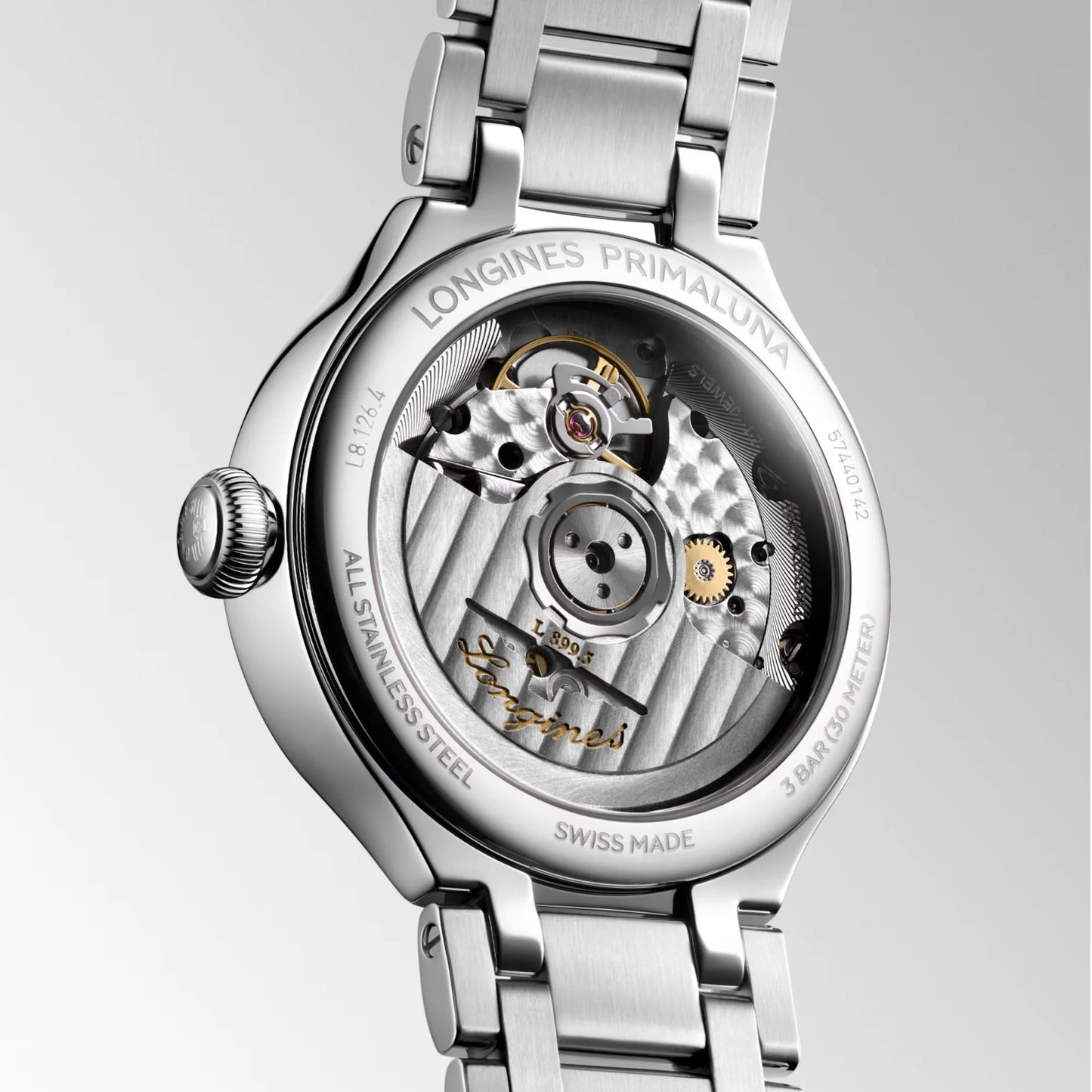Longines primaluna orologio acciaio 34mm con movimento meccanico a vista e maglie lucide collezione Primaluna