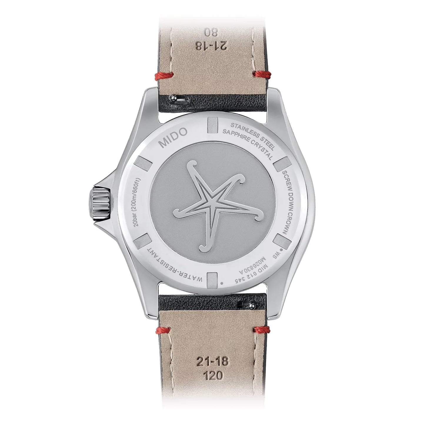 Orologio mido ocean star worldtimer argento automatico con cinturino in pelle beige e cuciture rosse