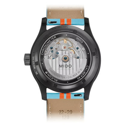 Mido orologio multifort chronometer 1 racer 42mm nero automatico con movimento meccanico visibile e cinturino in pelle tan con strisce turchese e arancione design deciso dell’orologio multifort