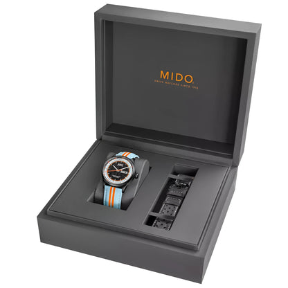 Mido multifort chronometer con quadrante nero e cinturino a righe arancione e azzurro in confezione grigia elegante