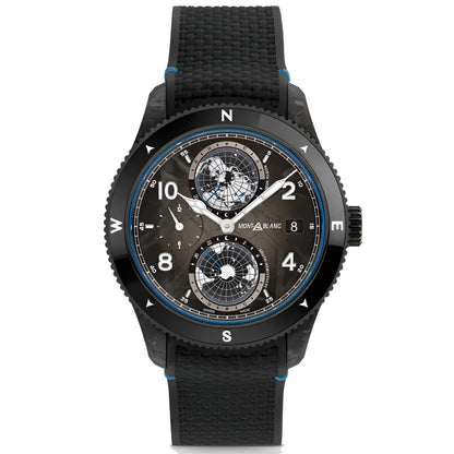 Montblanc orologio 1858 geosphere carbo₂ edizione limitata 43mm nero in carbonio con quadrante scuro e dettagli blu